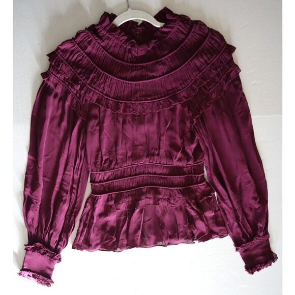 Farm Rio 315975 Women's Sz XS Burgundy Long Sleeve Ruffled Peplum Top - Picture 6 of 9